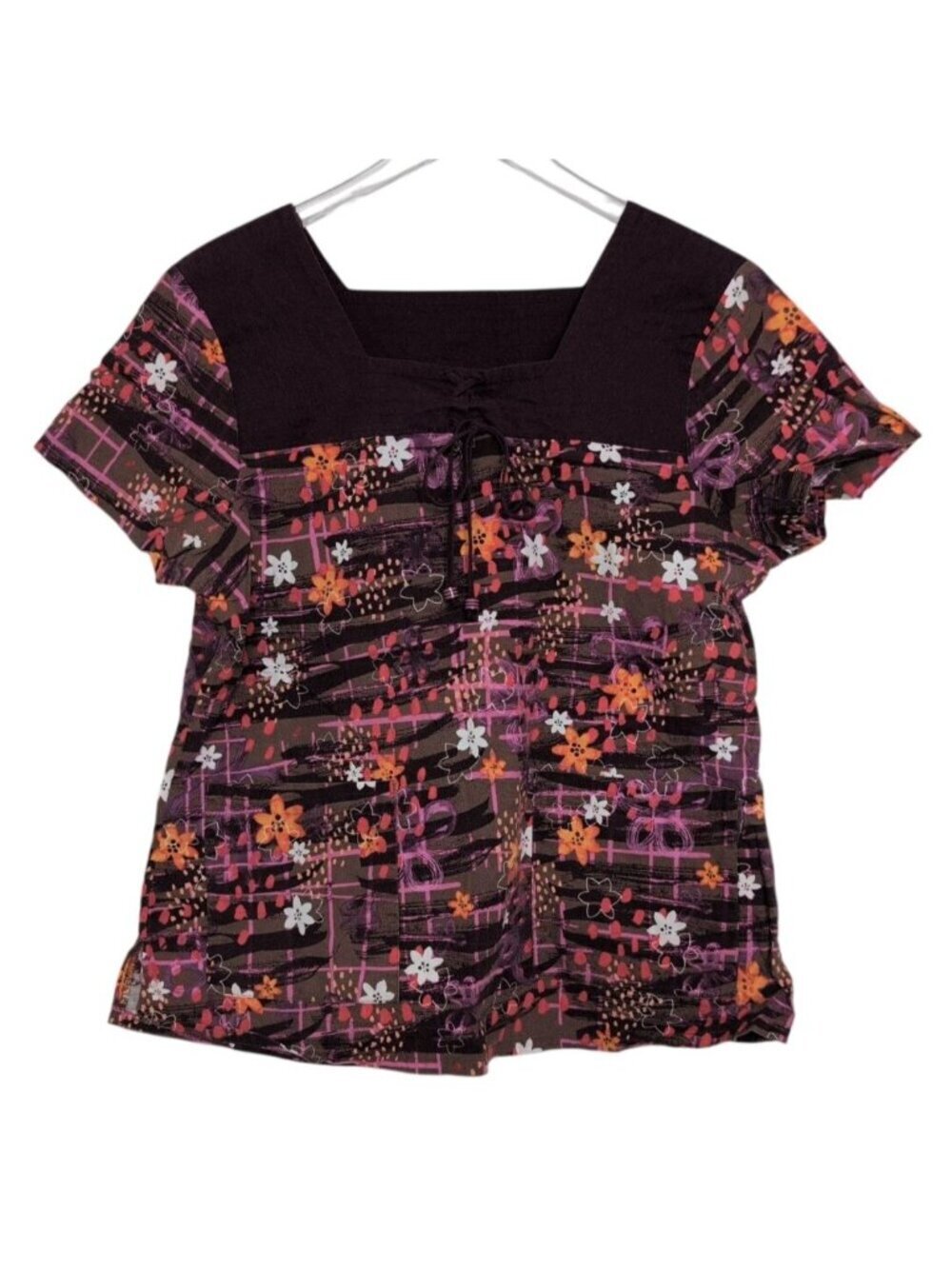 Koi Floral Scrub Top Womens Size Large Purple Square Neck Medical Tech 100% Cott